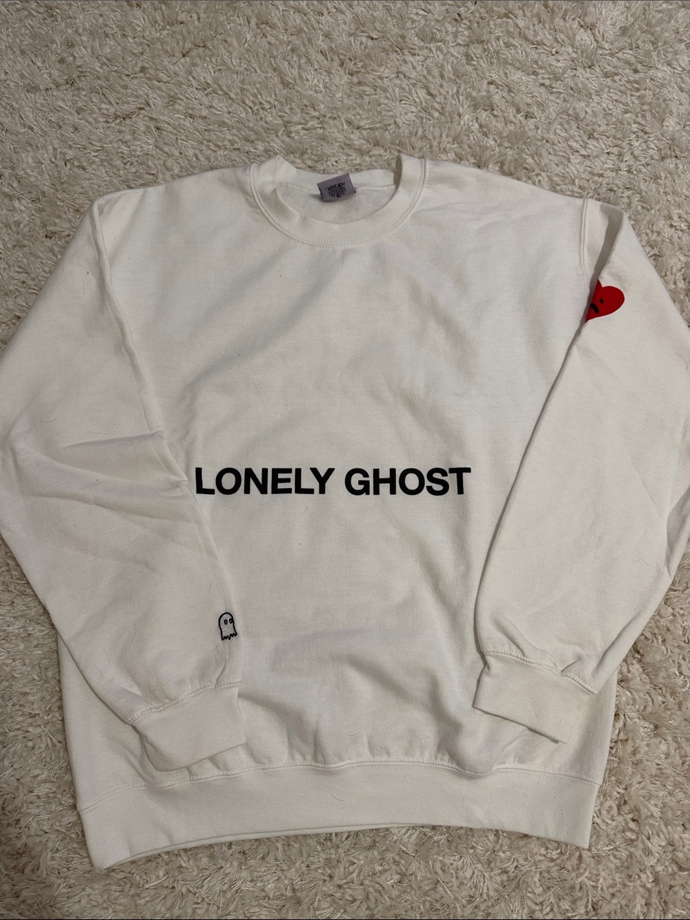 LONELY GHOST White Crew Sweatshirt with Black Logo and Red Heart Sleeve
